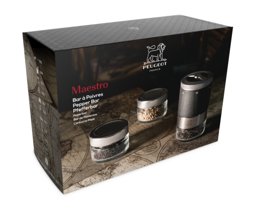 Coffret avec Moulin à Poivre, 2 Bocaux et 3 Variétés de Poivre, 11 cm, Maestro - Peugeot