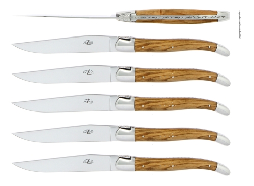 Six couteaux, manche en bois d'olivier, poli, Tradition - Forge de Laguiole