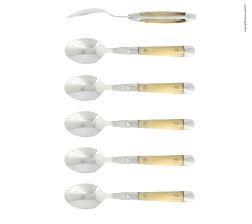 Six cuillères à dessert, manche en corne brillante, poli, Tradition - Forge de Laguiole