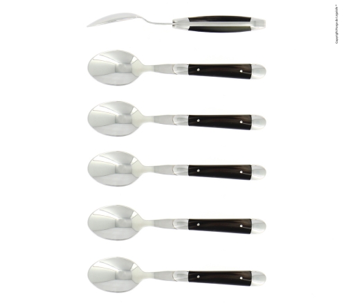 Six cuillères à dessert, manche en corne noire, poli, Tradition - Forge de Laguiole