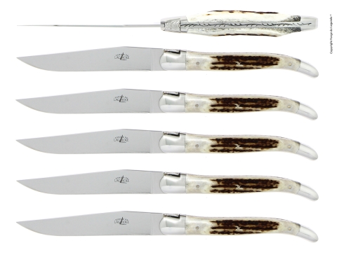 Six couteaux, manche en bois de cerf, poli, Tradition - Forge de Laguiole