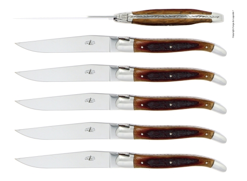 Six couteaux, manches en bois de Chêne Baril, polis, Tradition - Forge de Laguiole