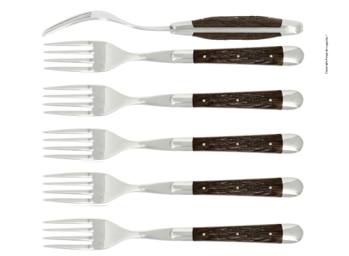 Six fourchettes, manche en écorce de chêne pétrifié, poli, Tradition - Forge de Laguiole