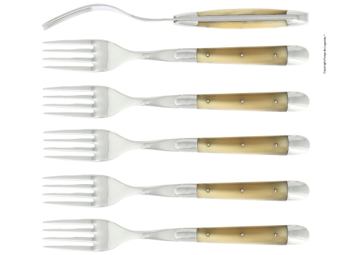 Six fourchettes, manche en corne légère, poli, Tradition - Forge de Laguiole