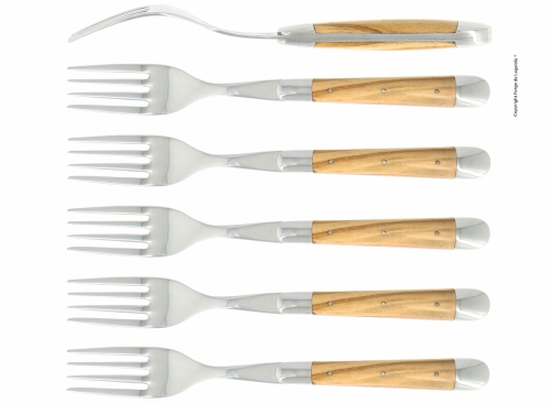 Six fourchettes, manche en bois d'olivier, poli, Tradition - Forge de Laguiole