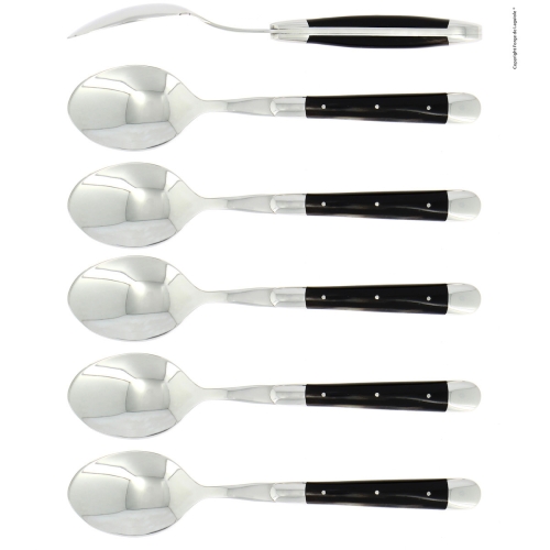 Six cuillères, manche en corne noire, poli, Tradition - Forge de Laguiole