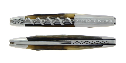 Couteau de sommelier en corne Aubra, damasquiné avec décoration, Collection - Forge de Laguiole