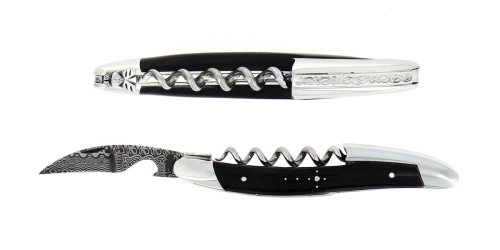 Couteau de sommelier en corne sombre, damasquiné avec décoration, Collection - Forge de Laguiole