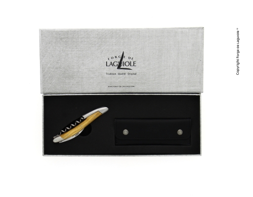 Couteau de sommelier en olivier, damasquiné avec décor, Collection - Forge de Laguiole