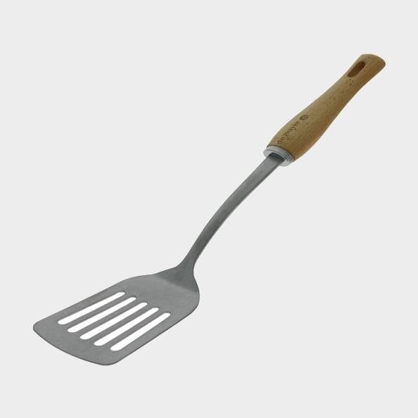 Spatule à trou en inox avec manche en bois, B bois - De Buyer