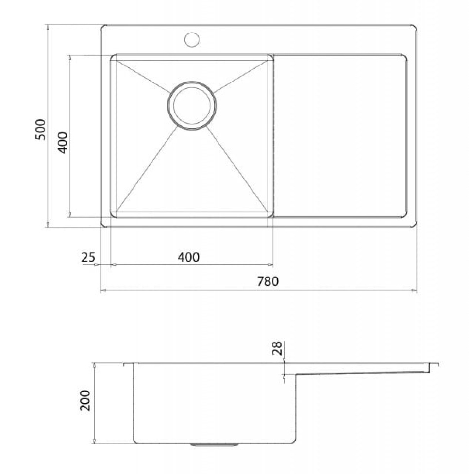 Evier inox 780 x 500 mm avec étagère à droite