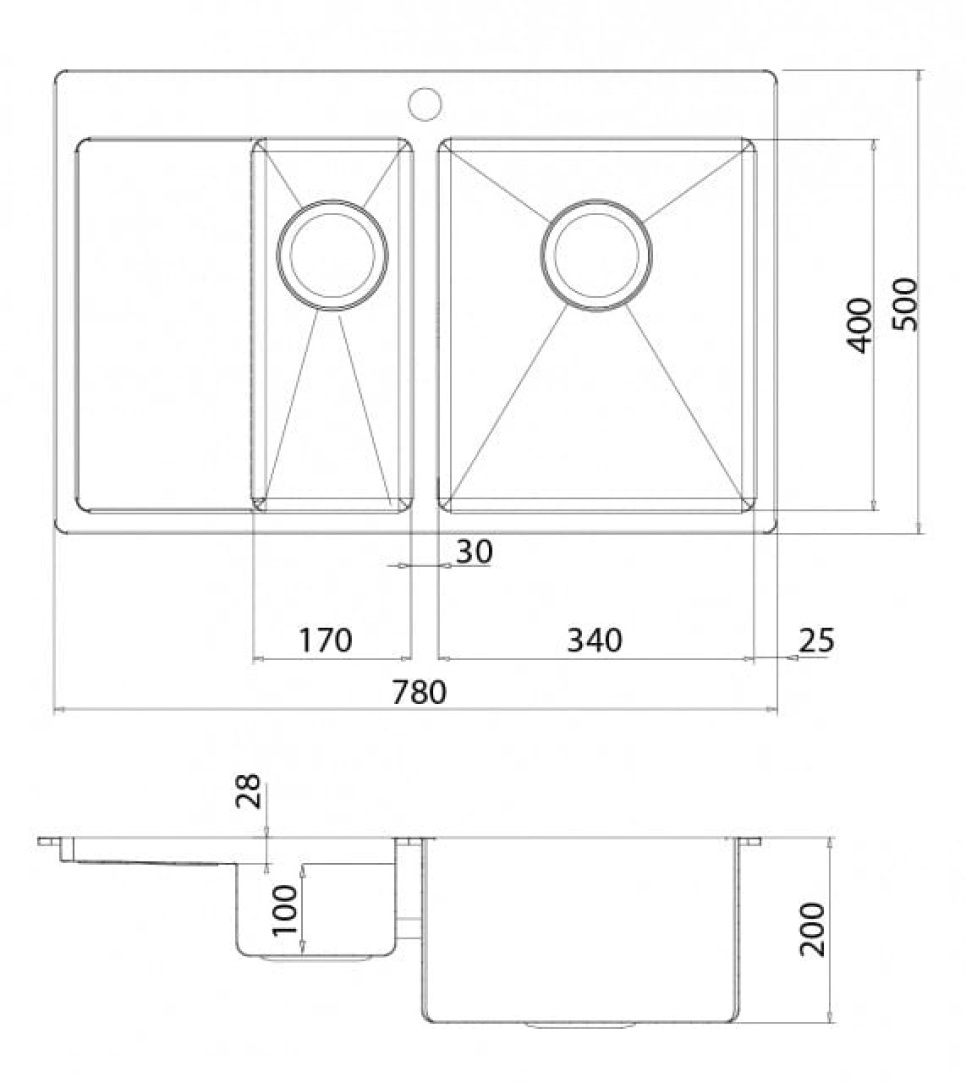 Evier double inox 780 x 500 mm avec étagère à gauche