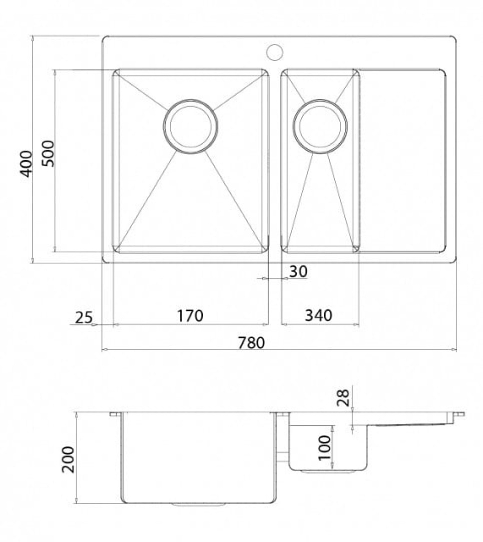 Evier double inox 780 x 500 mm avec étagère à droite