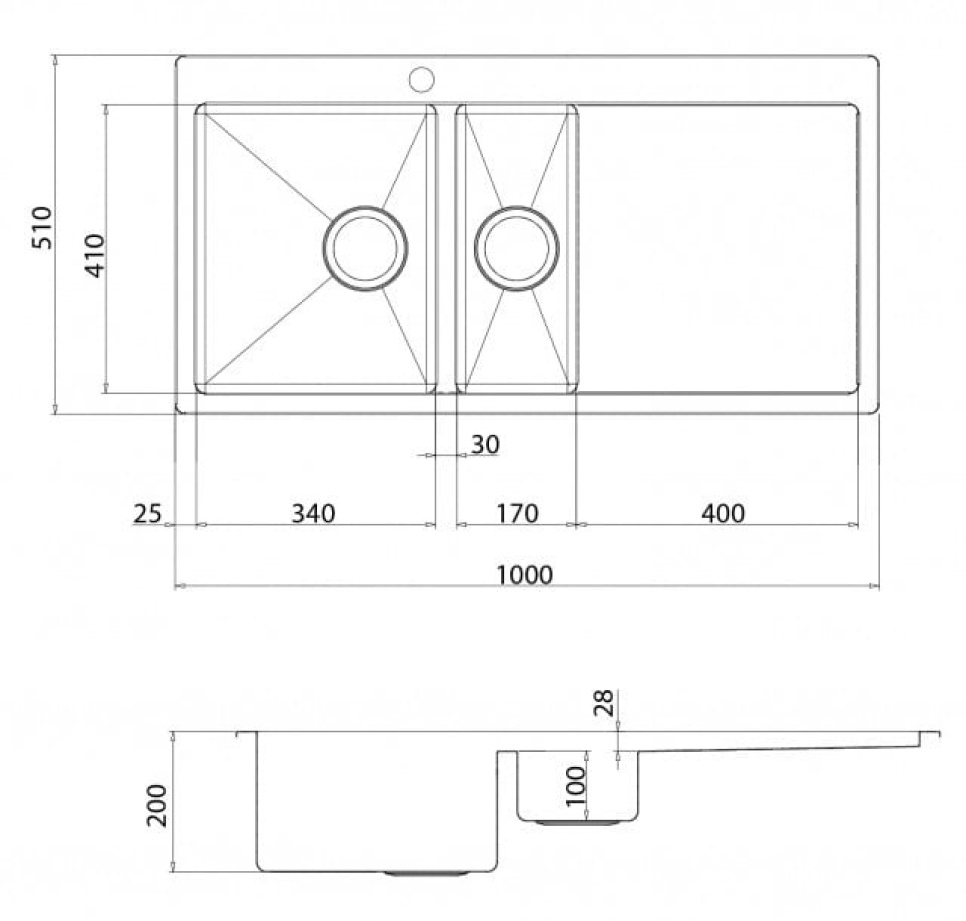 Evier double inox 1000 x 510 mm avec étagère à droite