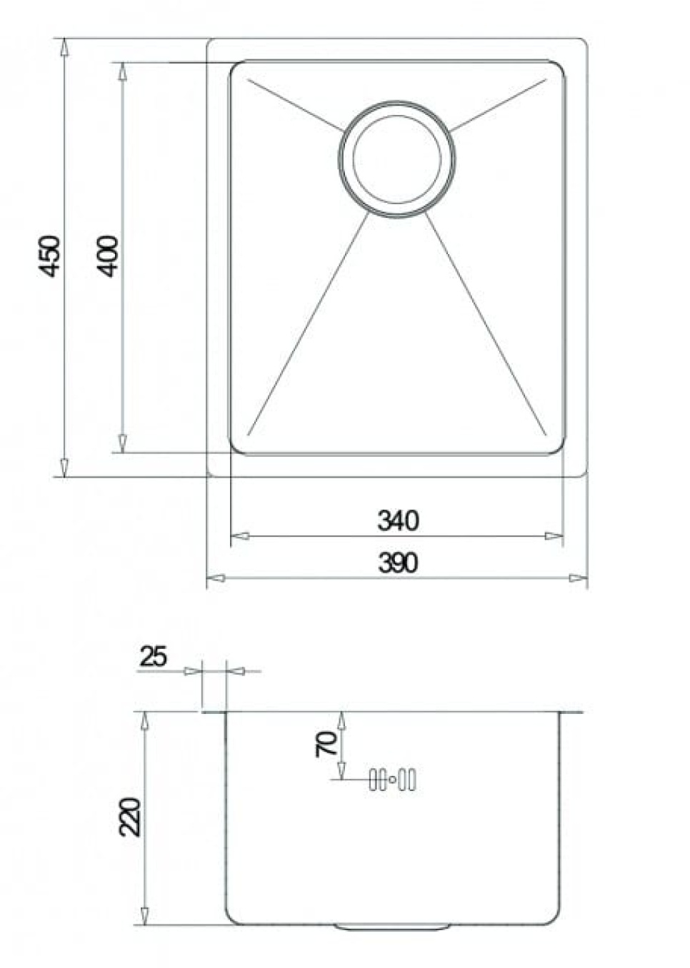 Évier en inox, 390 x 450 mm - Aquasanita
