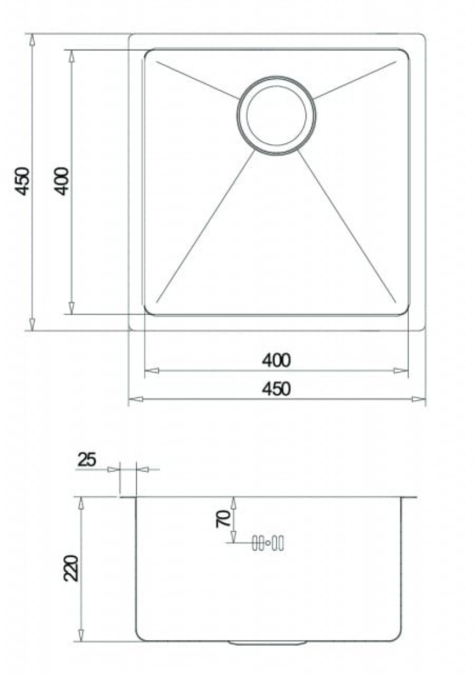Evier inox 450 x 450 mm
