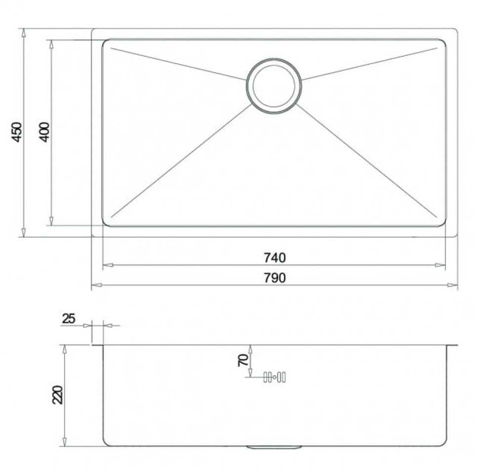 Evier inox 790 x 450 mm