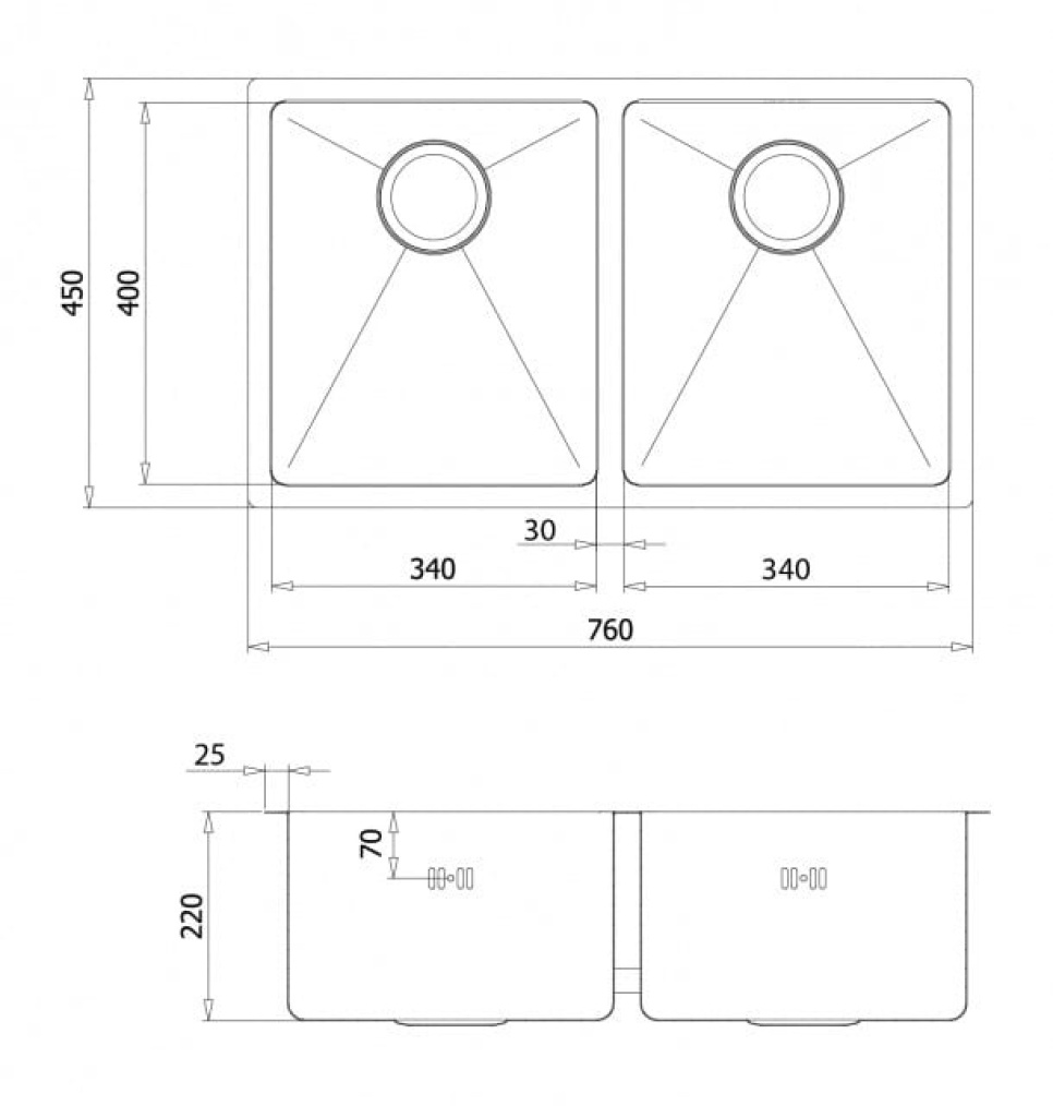 Evier double inox 760 x 450 mm