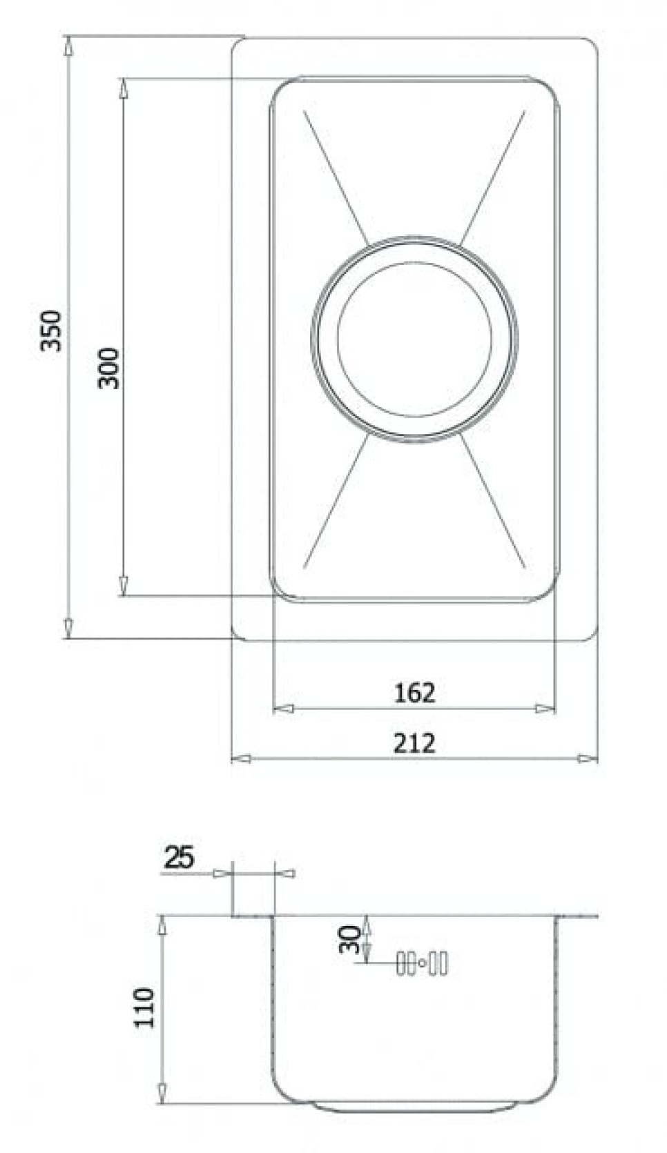 Evier inox 212 x 350 mm