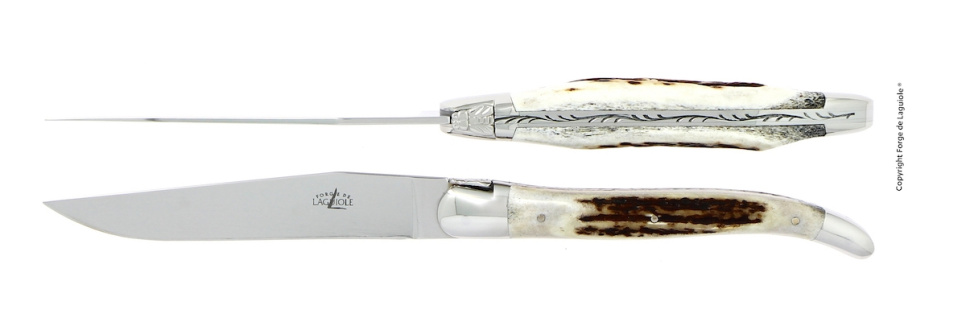 Deux couteaux, manche en bois de cerf, poli, Tradition - Forge de Laguiole dans le groupe Arts de la table / Couverts / Couteaux l\'adresse The Kitchen Lab (1446-32891)