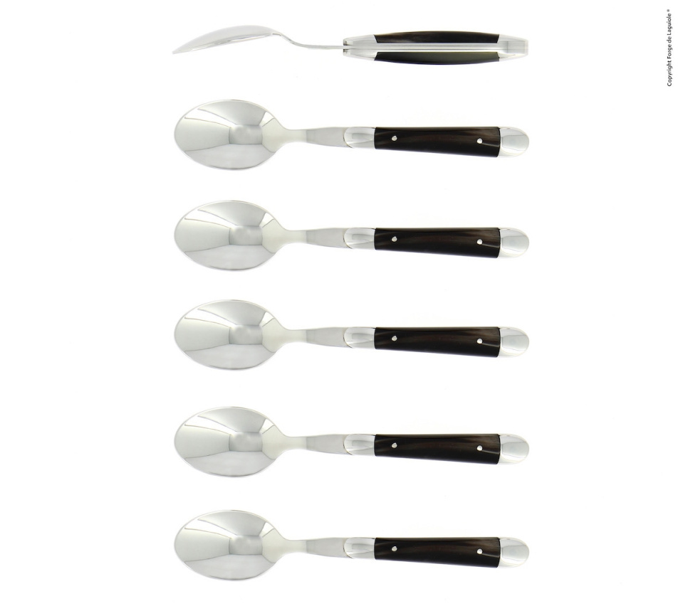 Six cuillères à dessert, manche en corne noire, poli, Tradition - Forge de Laguiole dans le groupe Arts de la table / Couverts / Cuillères l\'adresse The Kitchen Lab (1446-32906)