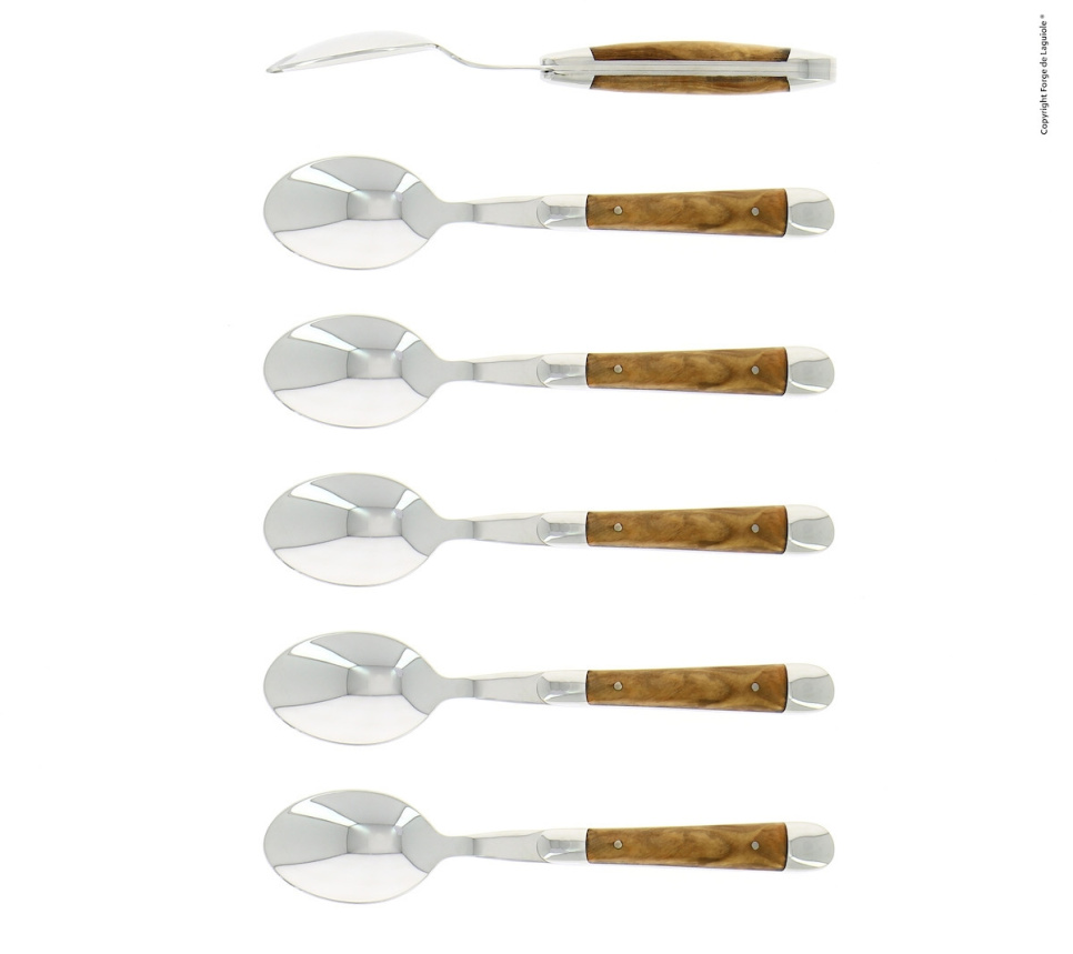 Six cuillères à dessert, manche en bois d\'olivier, poli, Tradition - Forge de Laguiole dans le groupe Arts de la table / Couverts / Cuillères l\'adresse The Kitchen Lab (1446-32907)
