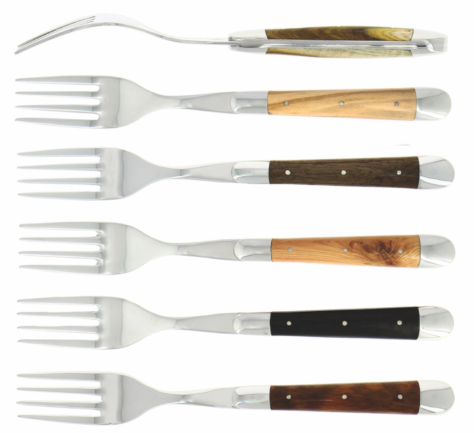 Six fourchettes, manches en bois dur de différentes essences, polis, Tradition - Forge de Laguiole dans le groupe Arts de la table / Couverts / Fourchettes l\'adresse The Kitchen Lab (1446-32929)