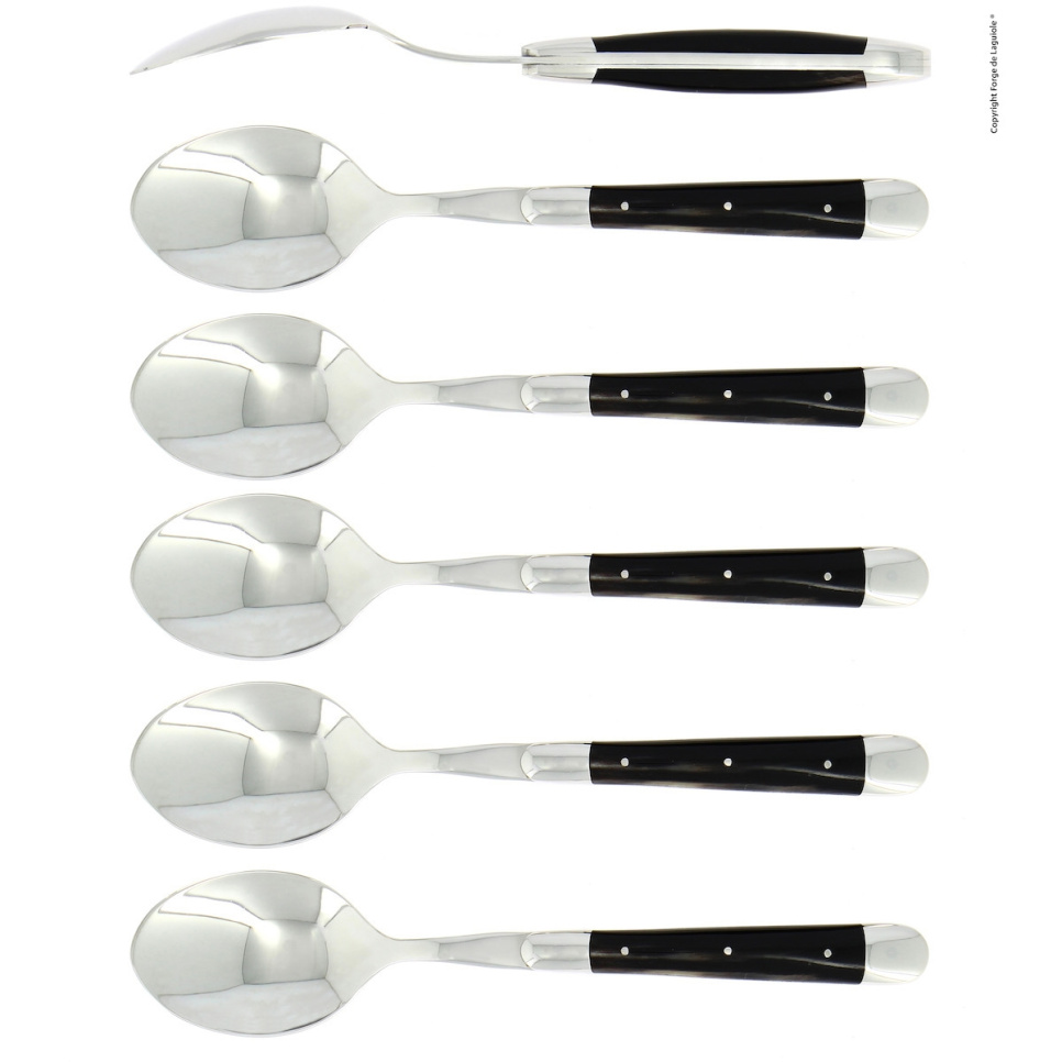 Six cuillères, manche en corne noire, poli, Tradition - Forge de Laguiole dans le groupe Arts de la table / Couverts / Cuillères l\'adresse The Kitchen Lab (1446-32941)