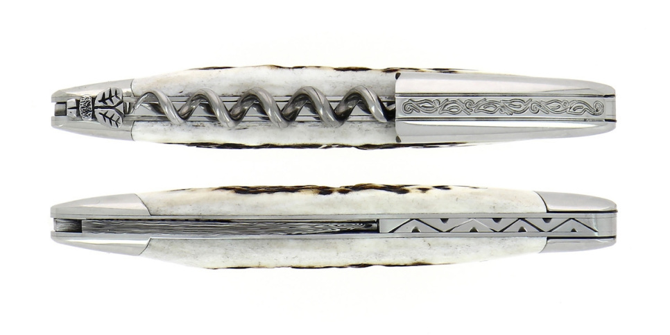 Couteau de sommelier en bois de cerf, damasquiné avec décoration, Collection - Forge de Laguiole