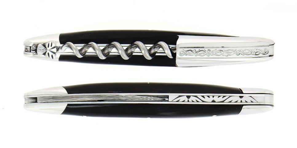 Couteau de sommelier en corne sombre, damasquiné avec décoration, Collection - Forge de Laguiole