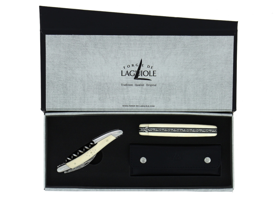 Couteau pliant et couteau de sommelier en corne de mammouth damasquinée - Forge de Laguiole dans le groupe Arts de la table / Couverts / Couteaux l\'adresse The Kitchen Lab (1446-32984)