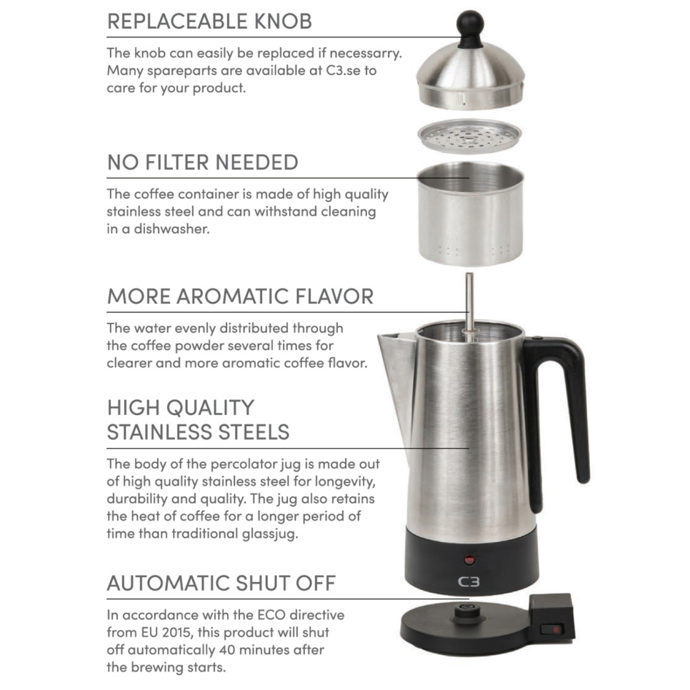 Percolateur, Acier Inoxydable Brossé, 12 Tasses – C3