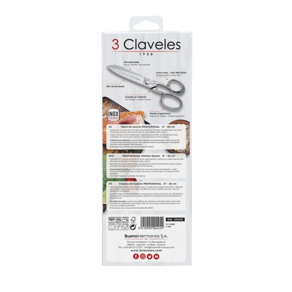 Ciseaux de cuisine en acier inoxydable, Professional - 3 Claveles - 20 cm