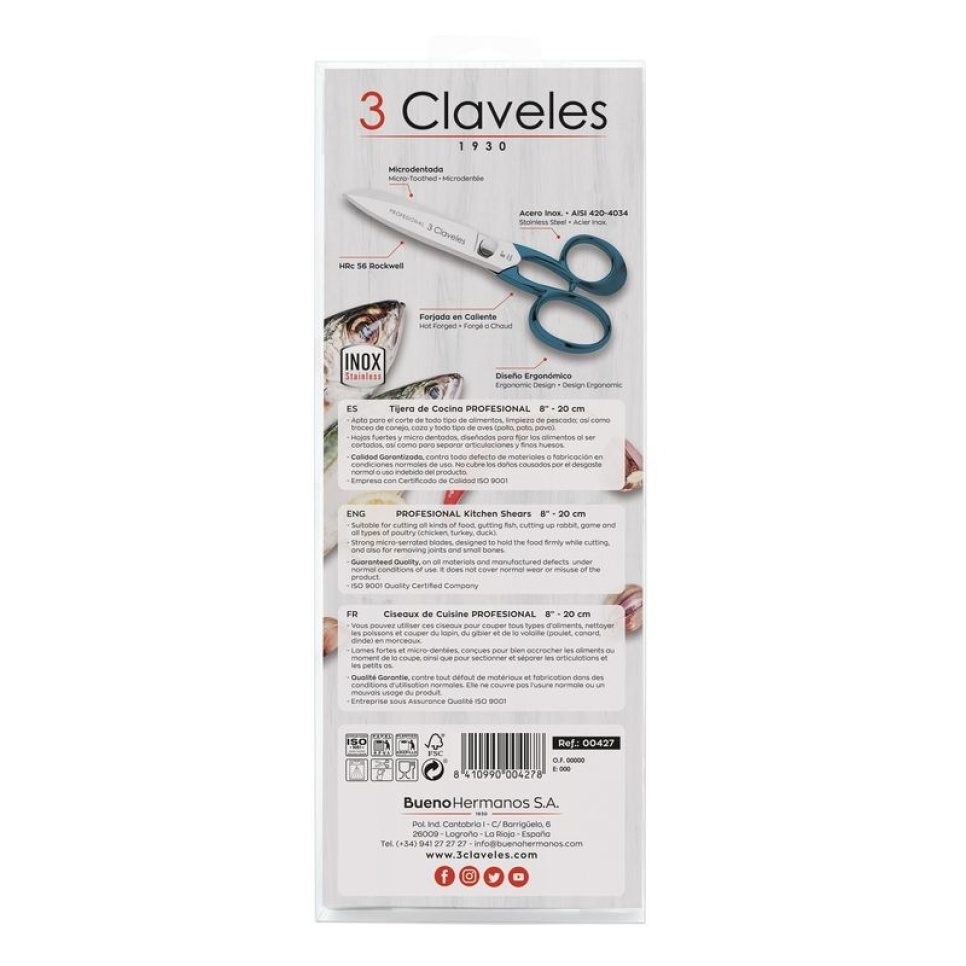 Ciseaux de cuisine professionnels en inox, Bleu - 3 Claveles