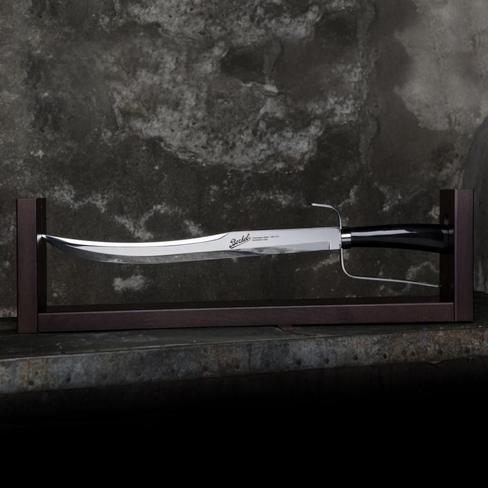 Sabre à champagne avec support en bois, 52 cm, Corne de buffle noire Elegance - Berkel